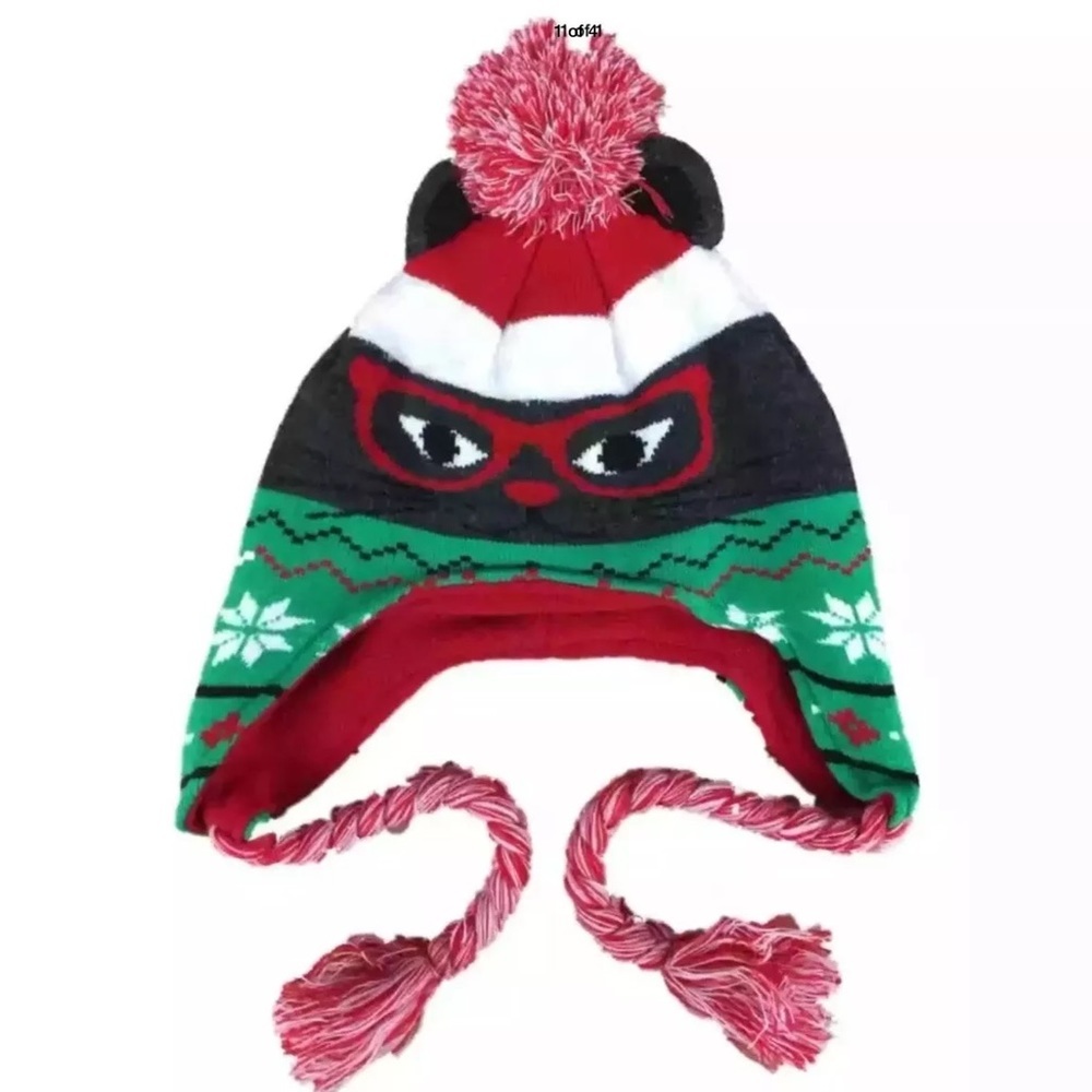 Ugly Sweater Christmas Cat In Glasses Holiday Cap